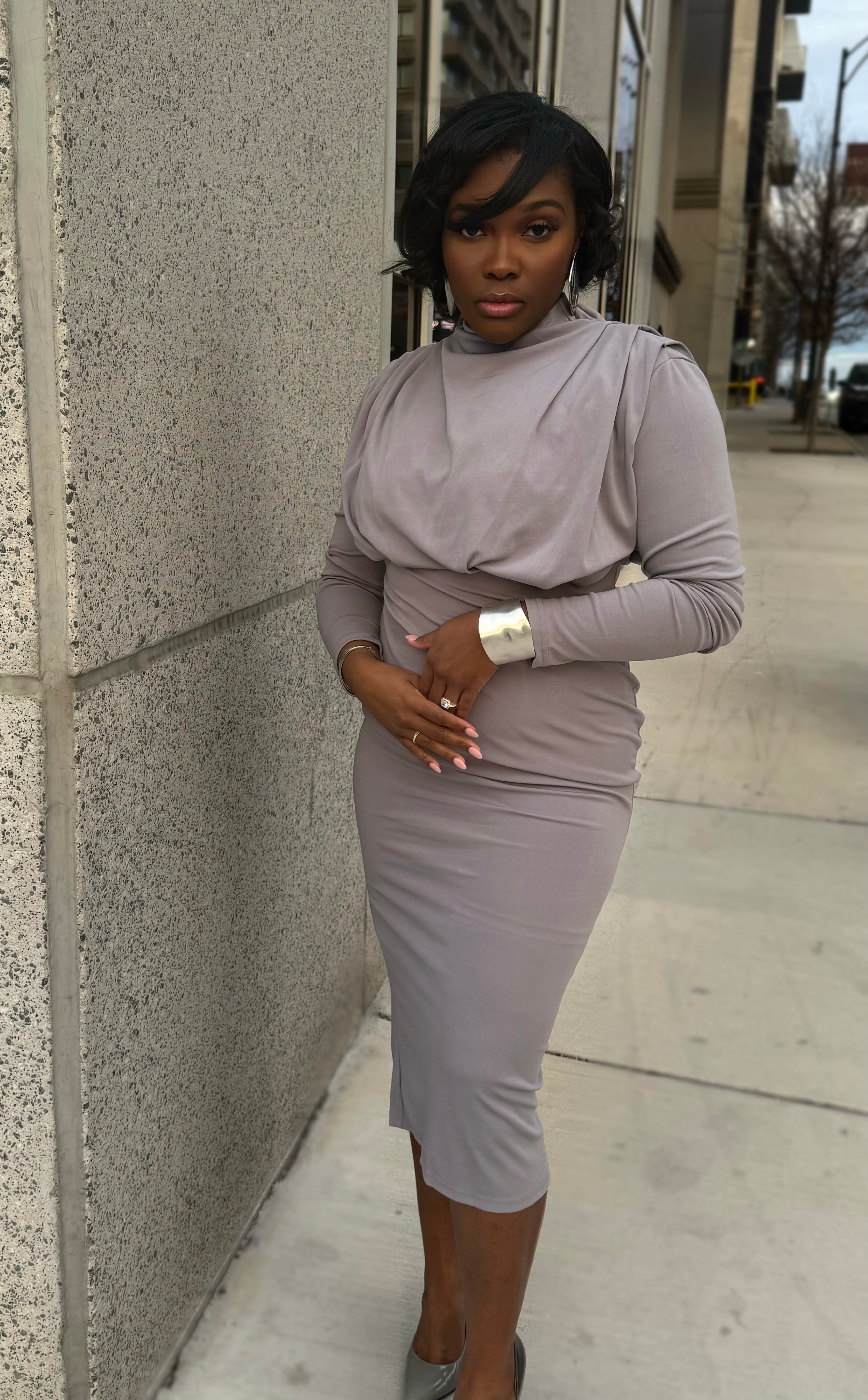 grey mock neck dress ELEGANT Drape-Dresses