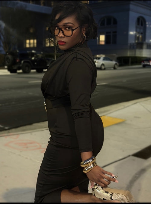 ELEGANT MOCK NECK DRESS - BLACK