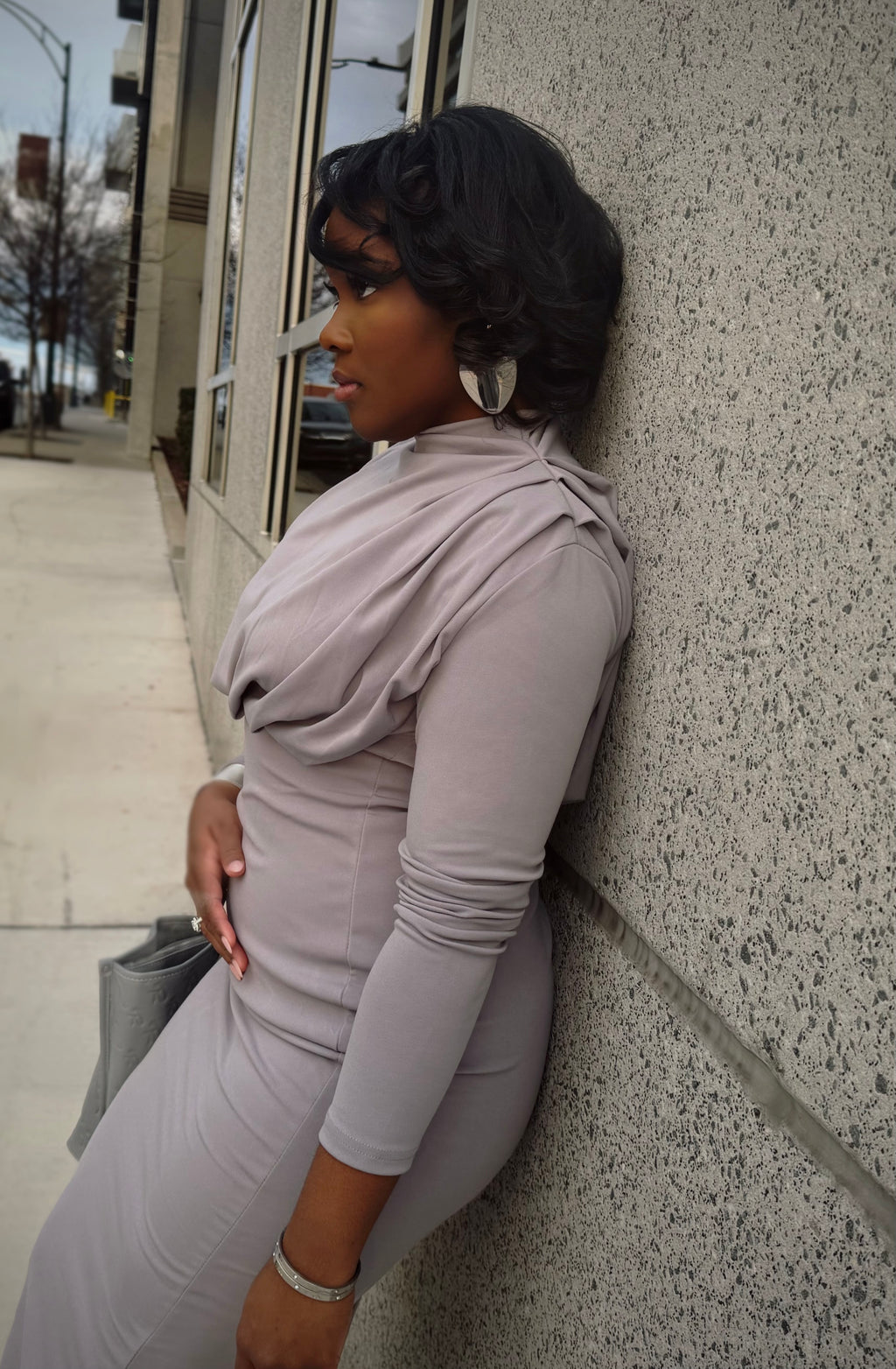 ELEGANT MOCK NECK DRESS - GREY