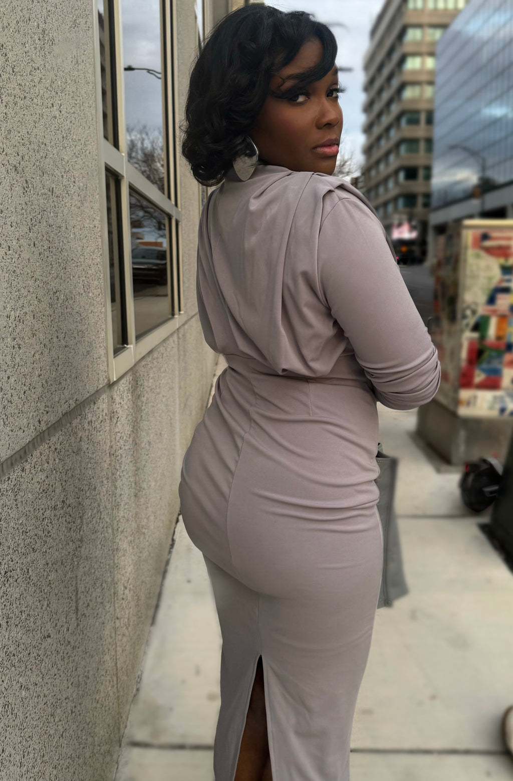 ELEGANT MOCK NECK DRESS - GREY