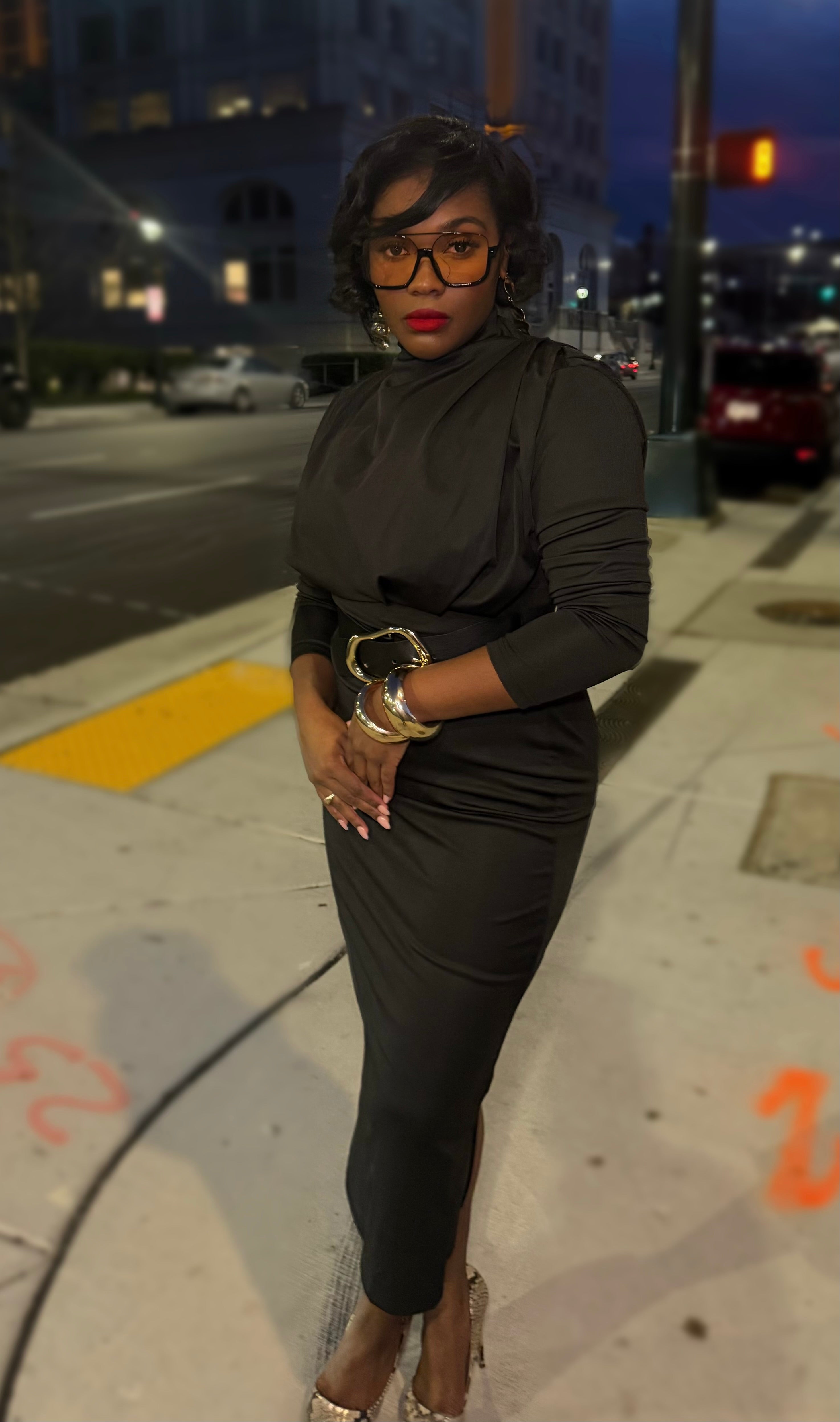 ELEGANT MOCK NECK DRESS - BLACK