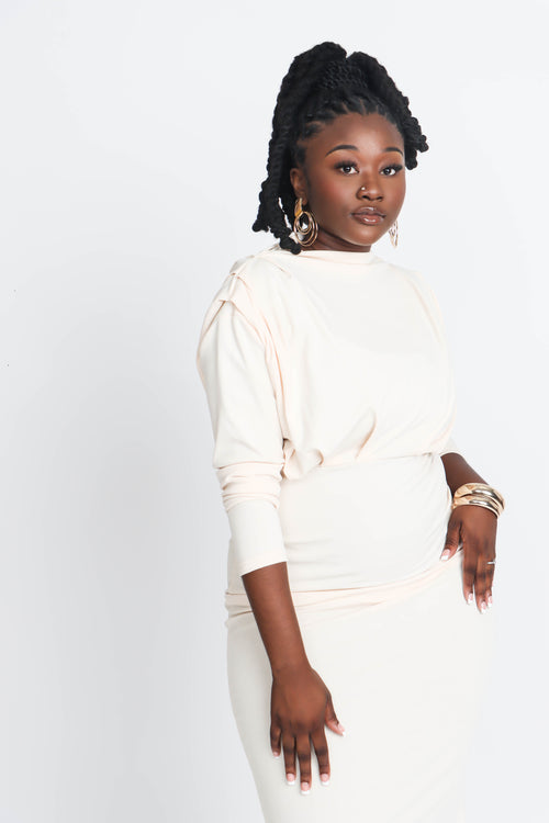 ELEGANT MOCK NECK DRESS - IVORY