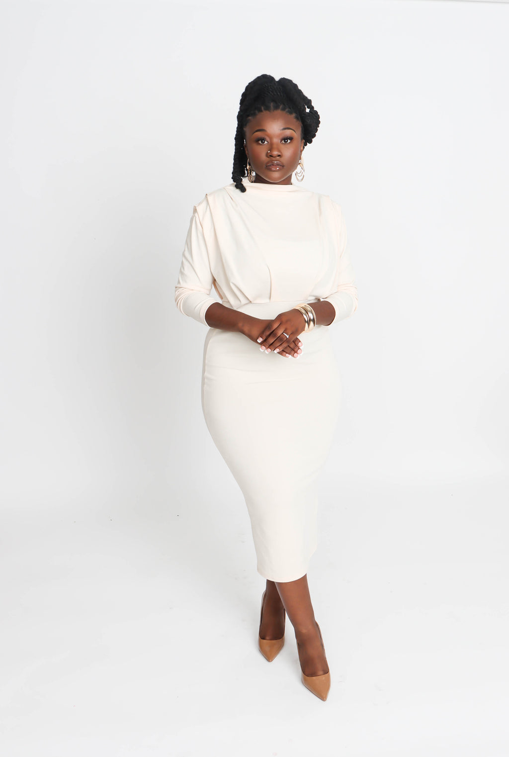 ELEGANT MOCK NECK DRESS - IVORY